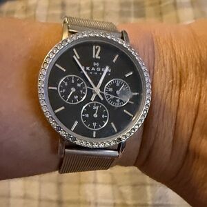 Skagen Silver and Black Watch with Crystal Bezel